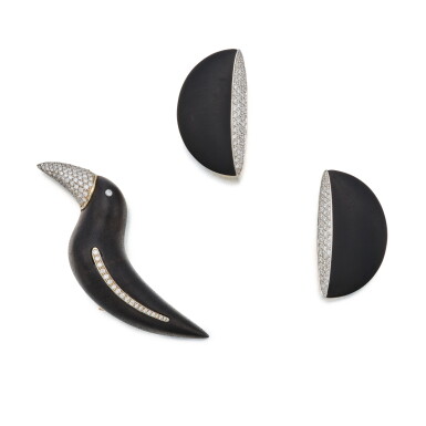 View full screen - View 1 of Lot 354. "Tucano" Jet and Diamond Brooch and Pair of Earclips.