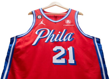 View full screen - View 1 of Lot 26. Joel Embiid Philadelphia 76ers 2022-2023 NBA Game Worn Home Jersey | Matched to 2 Games.