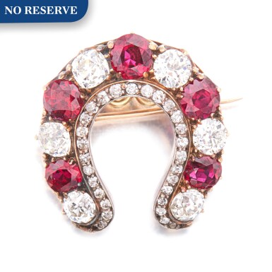 View full screen - View 1 of Lot 151. Silver-Topped Gold, Ruby and Diamond Brooch.