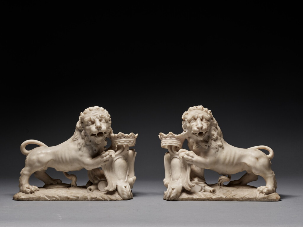 View full screen - View 1 of Lot 562. Pair of Armorial Lions.