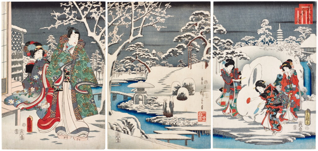 View full screen - View 1 of Lot 85. Utagawa Kunisada (1786-1864) | Utagawa Hiroshige (1797-1858) | Eastern Genji: The Garden in Snow (Azuma Genji yuki no niwa) | Edo period, 19th century .