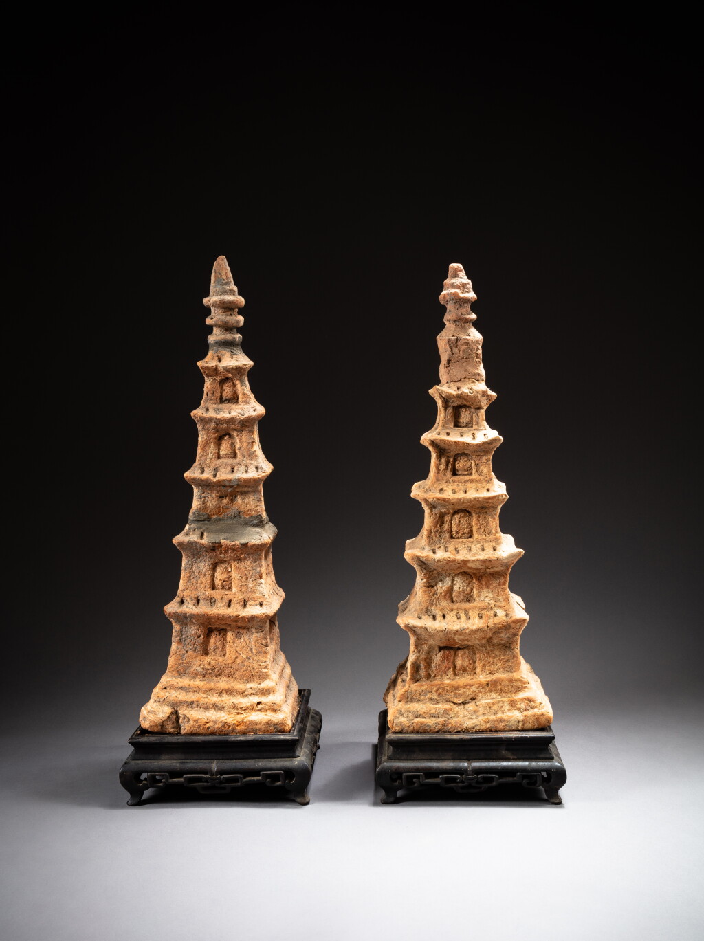 View full screen - View 1 of Lot 112. Two pottery models of stupa, Vietnam, Dinh dynasty - earlier to Le dynasty, 10th century | 越南丁朝至黎朝 十世紀 陶佛塔兩件.
