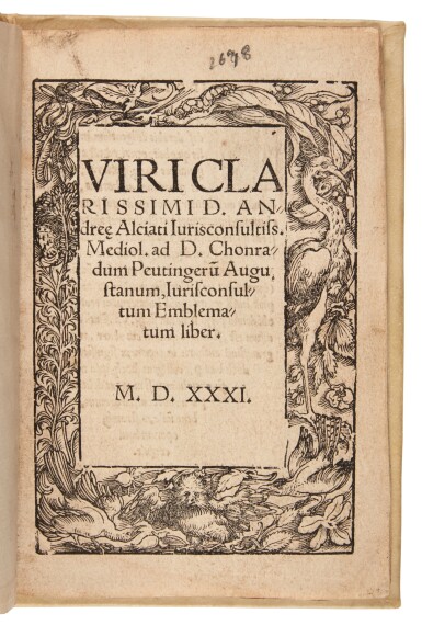View full screen - View 1 of Lot 10. Alciati, Emblematum liber, Augsburg, 1531, with an autograph letter by Alciati, later vellum.
