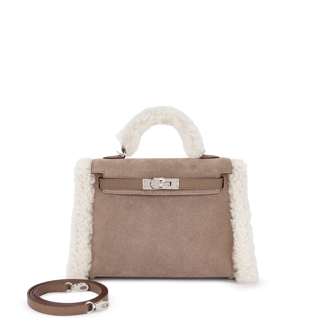 View full screen - View 1 of Lot 633. Limited Edition Gris Caillou Chamois Grizzly, Etoupe Swift and Ecru Shearling Teddy Pluch Mini Kelly II 20 Palladium Hardware, 2024.