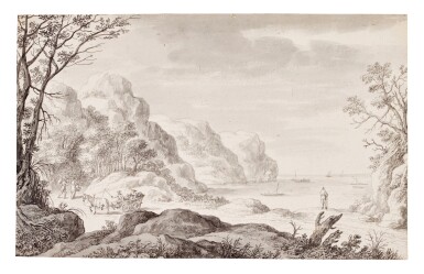 View full screen - View 1 of Lot 20. Rocky coastal landscape with travellers.