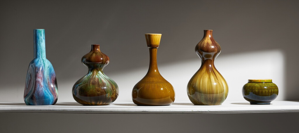 View full screen - View 1 of Lot 36. Five pottery vases designed by Christopher Dresser, late 19th century.