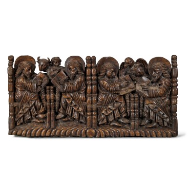 View full screen - View 1 of Lot 6. A Large Mexican Carved Walnut Relief, depicting the Four Authors of The Gospels - Matthew, Mark, Luke and John, known as the Evangelists, 18th/19th Century .