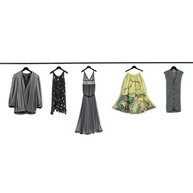 View full screen - View 1 of Lot 47. Louis Vuitton Grey Fitted Belted Blazer with Balloon Sleeves and Black Dress with Tulle and Sequin Details, a Dior Grey Tulle Gown with Butterfly Embroidery and a Prada Blue Knit Waistcoat and Green Printed Silk Organza Full Midi Skirt with Horizontal Pleats.