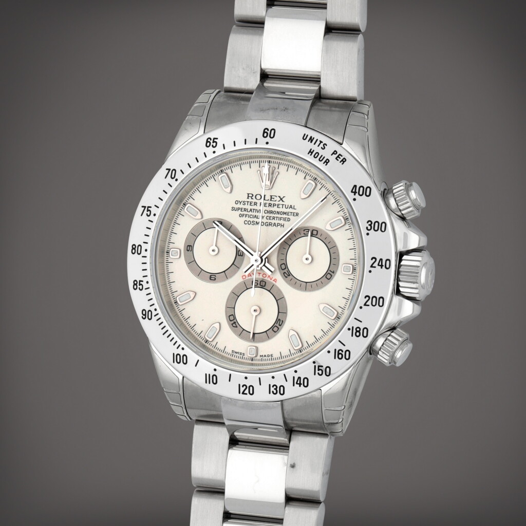 View full screen - View 1 of Lot 202. Daytona 'Cream', Reference 116520 | A stainless steel chronograph wristwatch with bracelet | Circa 2002.