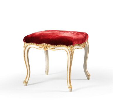 View full screen - View 1 of Lot 91. A Louis XV parcel-gilt and white painted tabouret, mid-18th century | Tabouret doré et peint en blanc d'époque Louis XV, milieu du XVIIIème siècle.