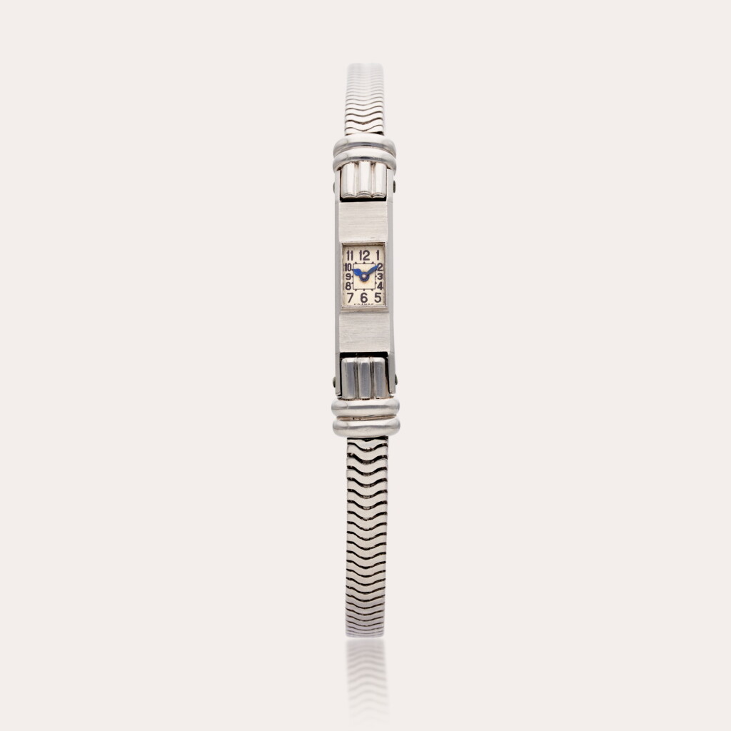 View full screen - View 1 of Lot 459. A platinum rectangular bracelet watch, Circa 1940.