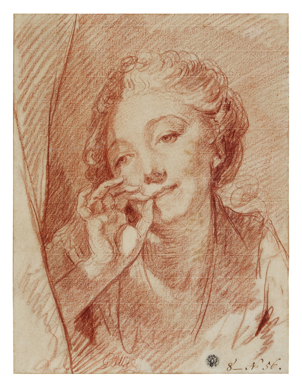 View full screen - View 1 of Lot 38. A young woman appearing behind a curtain, her hand at her mouth.