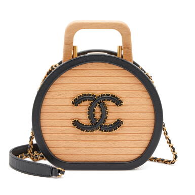 View full screen - View 1 of Lot 27. Limited Edition Beechwood and Black Lambskin Round CC Vanity Case Aged Gold Hardware, 2022.