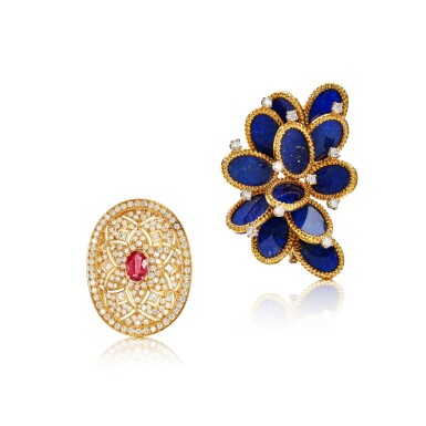 View full screen - View 1 of Lot 2903. Lapis Lazuli and Diamond Clip Brooch; and Ruby and Diamond Brooch / Pendant | 青金石 配 鑽石 胸針 及 紅寶石 配 鑽石 胸針 / 掛墜.
