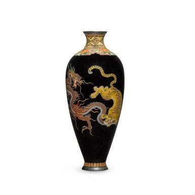 View full screen - View 1 of Lot 7. A cloisonné enamel vase with dragon and tiger | Signed on a silver tablet Kyoto Namikawa (workshop of Namikawa Yasuyuki, 1845-1927), but attributed to Shibata | Meiji period, late 19th century.