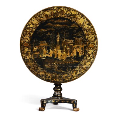 View full screen - View 1 of Lot 171. A CHINESE EXPORT GOLD AND BLACK LACQUER TILT TOP TABLE, EARLY 19TH CENTURY.