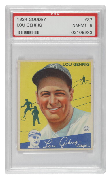 View full screen - View 1 of Lot 133. Gehrig, Lou | A PSA Near Mint-Mint 8 example of Goudey's 1934 Lou Gehrig #37 card.