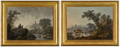 View full screen - View 1 of Lot 14. A wooded landscape with drovers and livestock; A rocky river landscape with figures and sheep.