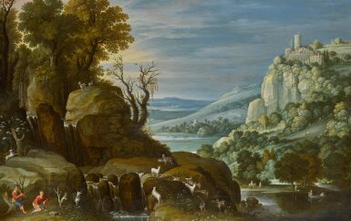 View full screen - View 1 of Lot 330. Mountainous Landscape with a Clifftop Castle and Frolicking Goats.