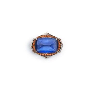 View full screen - View 1 of Lot 519. Sapphire and Spessartine Garnet Ring, France | Reza | 藍寶石配錳鋁石榴石戒指,法國.