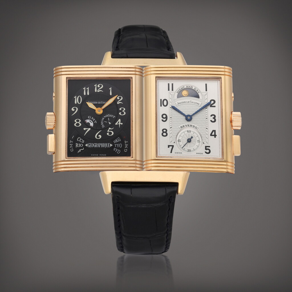 View full screen - View 1 of Lot 424. Reference 270.2.58 Reverso Geographique | A limited edition pink gold rectangular world time wristwatch with day & night indication, Circa 2000.