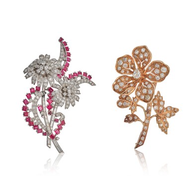 View full screen - View 1 of Lot 1831. SYNTHETIC RUBY AND DIAMOND BROOCH AND DIAMOND BROOCH | 紅寶石 配 鑽石 胸針 及 鑽石 胸針.