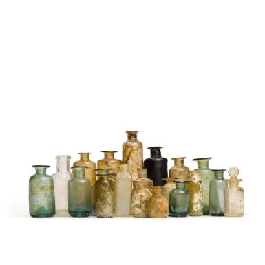 View full screen - View 1 of Lot 31. A collection of glass medicine bottles, various dates, mostly 17th and 18th centuries.