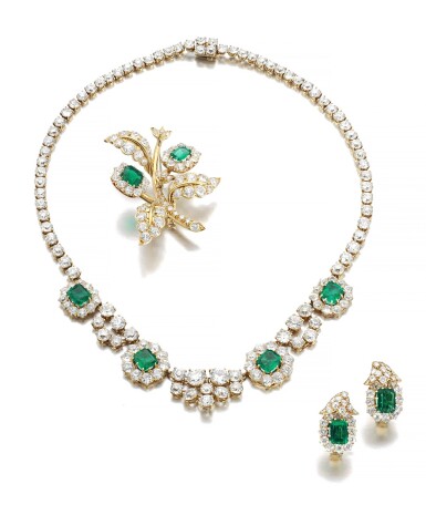 View full screen - View 1 of Lot 630. Pair of emerald and diamond ear clips, David Webb, a necklace and a brooch | David Webb 祖母綠配鑽石耳環一對,項鏈及別針各一.