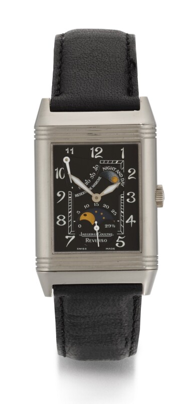 View full screen - View 1 of Lot 21. JAEGER LECOULTRE | REVERSO NIGHT AND DAY, REFERENCE 270.3.63, WHITE GOLD REVERSIBLE RECTANGULAR WRISTWATCH WITH MOON-PHASES, POWER-RESERVE AND DAY/NIGHT INDICATION, CIRCA 2000.