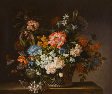 View full screen - View 1 of Lot 52. Still life with flowers in a basket on a ledge.