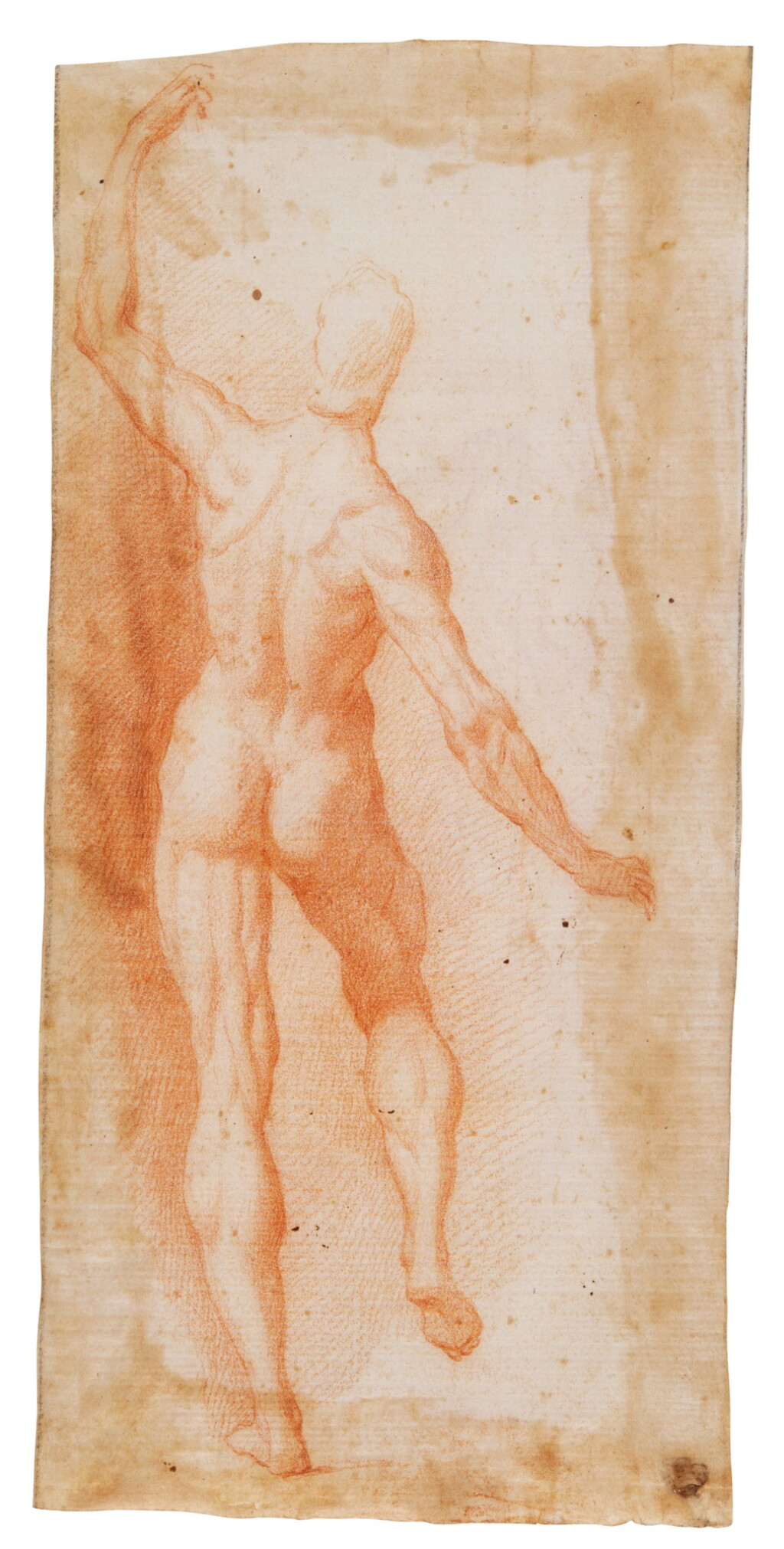 View full screen - View 1 of Lot 85. Recto: Study of a male nude, seen from behind, his left arm raised Verso: Study of Saint John the Baptist with his lamb.