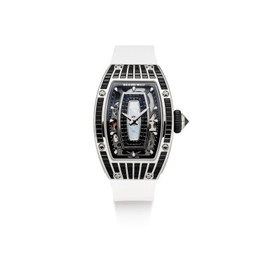 View full screen - View 1 of Lot 351. RICHARD MILLE | RM07, A BRAND NEW WHITE GOLD, DIAMOND AND BLACK BAGUETTE-CUT SAPPHIRE-SET SEMI-SKELETONISED WRISTWATCH WITH MOTHER-OF-PEARL DIAL, CIRCA 2019.