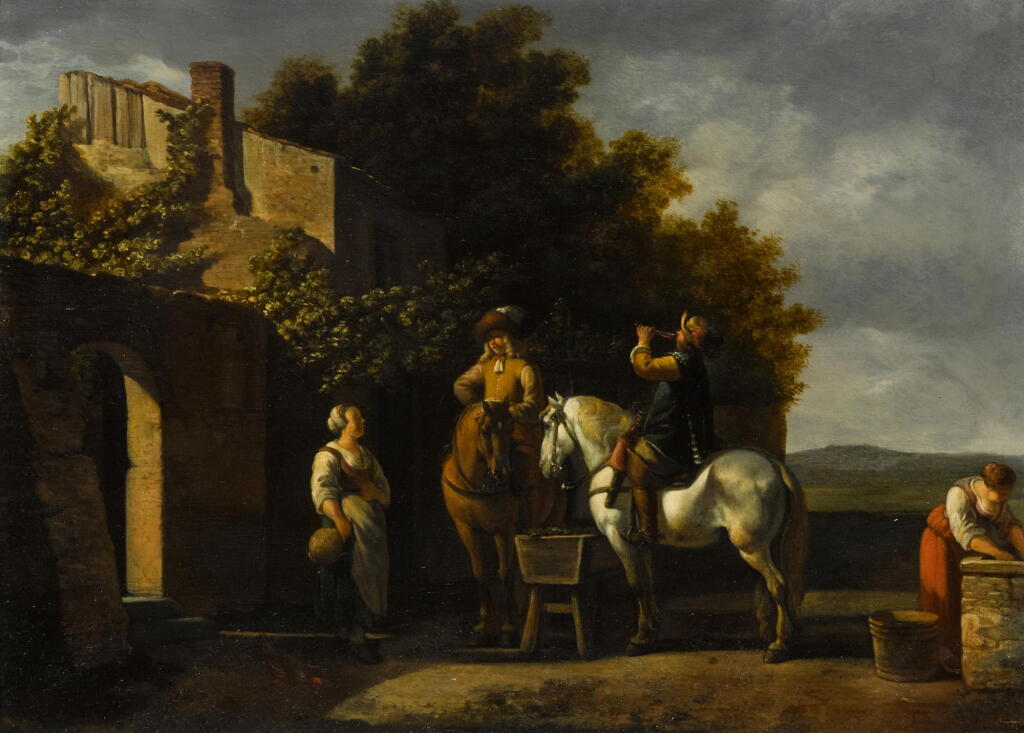 View full screen - View 1 of Lot 17. GERRIT ADRIAENSZ. BERCKHEYDE | Cavaliers on horseback resting outside an inn with a courtyard beyond.