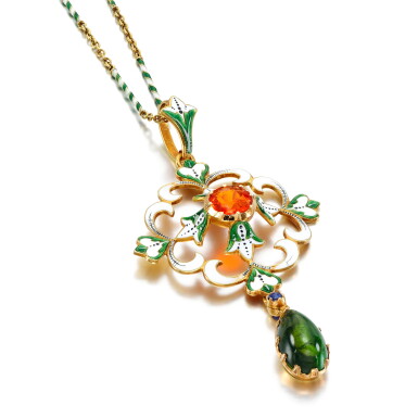View full screen - View 1 of Lot 8. Enamel, fire opal, tourmaline and sapphire necklace, circa 1895.
