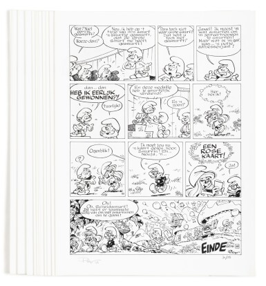 View full screen - View 1 of Lot 201. De Olympische Smurfen. 1979. 18 tirages offset de la dernière page de l'album. Signés et numérotés.