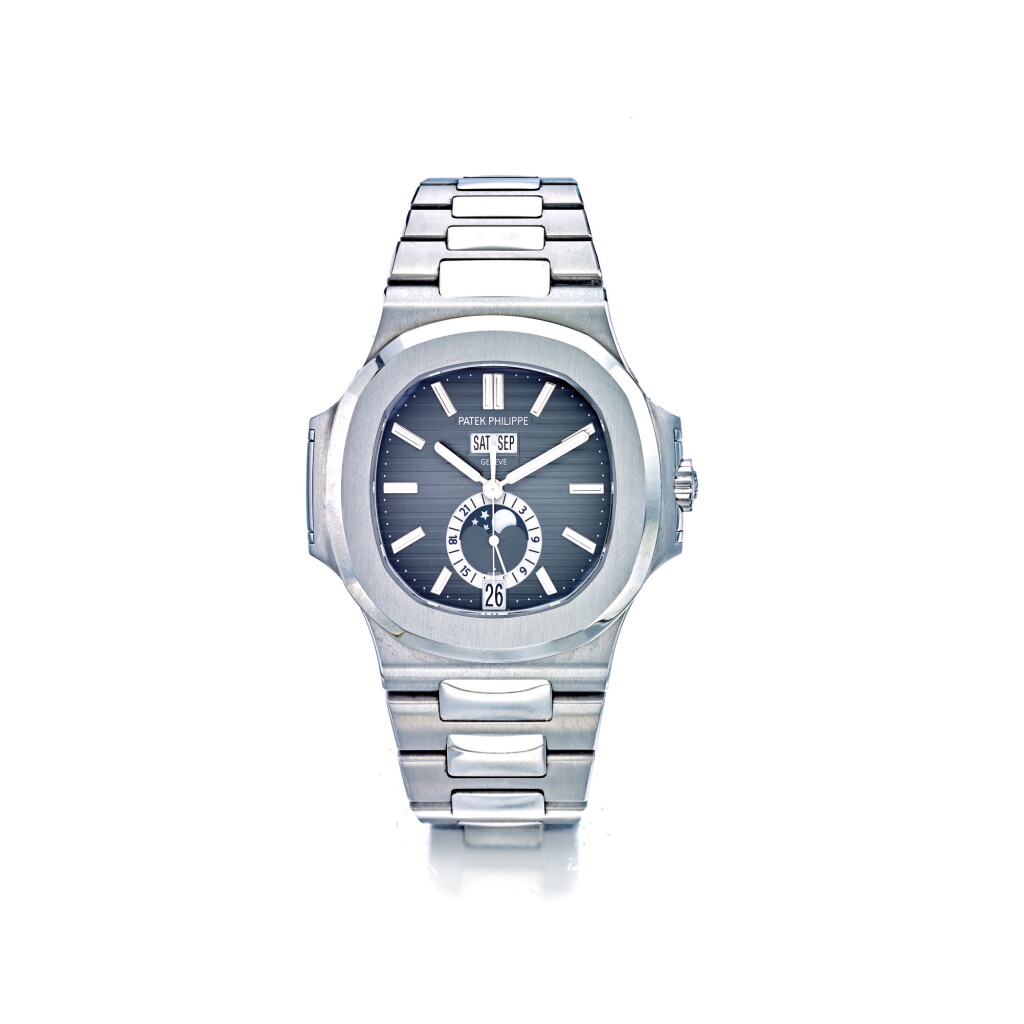 View full screen - View 1 of Lot 957. PATEK PHILIPPE | REF 5726/1A NAUTILUS, A STAINLESS STEEL AUTOMATIC ANNUAL CALENDAR WRISTWATCH WITH MOON PHASES AND BRACELET CIRCA 2017 | 百達翡麗 | 5726/1A型號「NAUTILUS」精鋼自動上鏈年曆鍊帶腕錶備月相顯示,年份約2017.