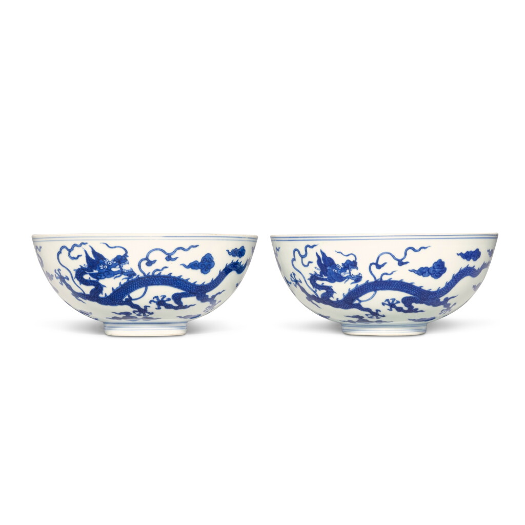 View full screen - View 1 of Lot 116. A pair of blue and white 'dragon' bowls, Seal marks and period of Qianlong.