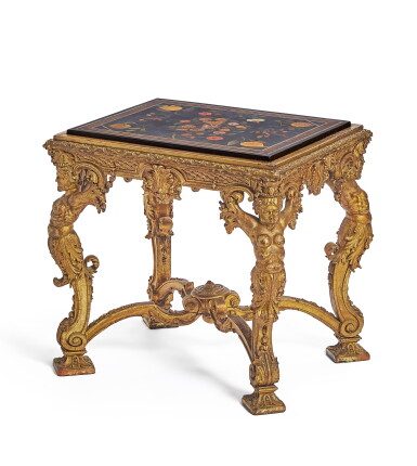 View full screen - View 1 of Lot 7. An Italian pietre dure table top, Florence, 18th century, on a Régence style giltwood console, late 19th century.
