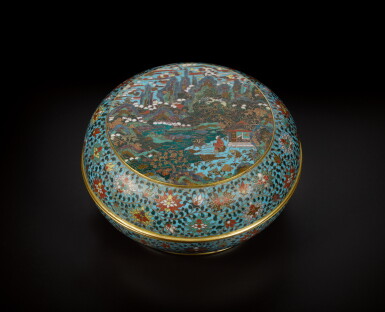 View full screen - View 1 of Lot 82. A rare cloisonné enamel 'landscape' box and cover, Ming dynasty, 16th / 17th century | 明十六 / 十七世紀 掐絲琺瑯山水圖蓋盒.