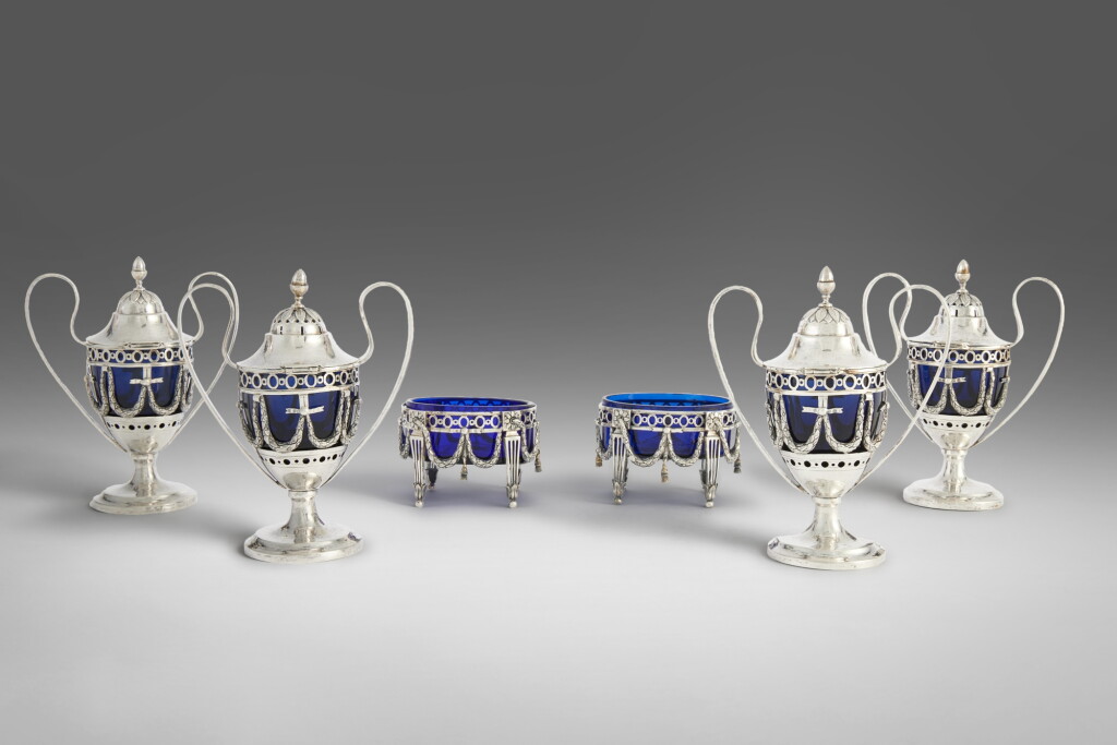 View full screen - View 1 of Lot 679. A Set of Four Dutch Neoclassical Silver Condiment Vases and Two Matching Salts, Probably Southern Netherlands, Circa 1790.