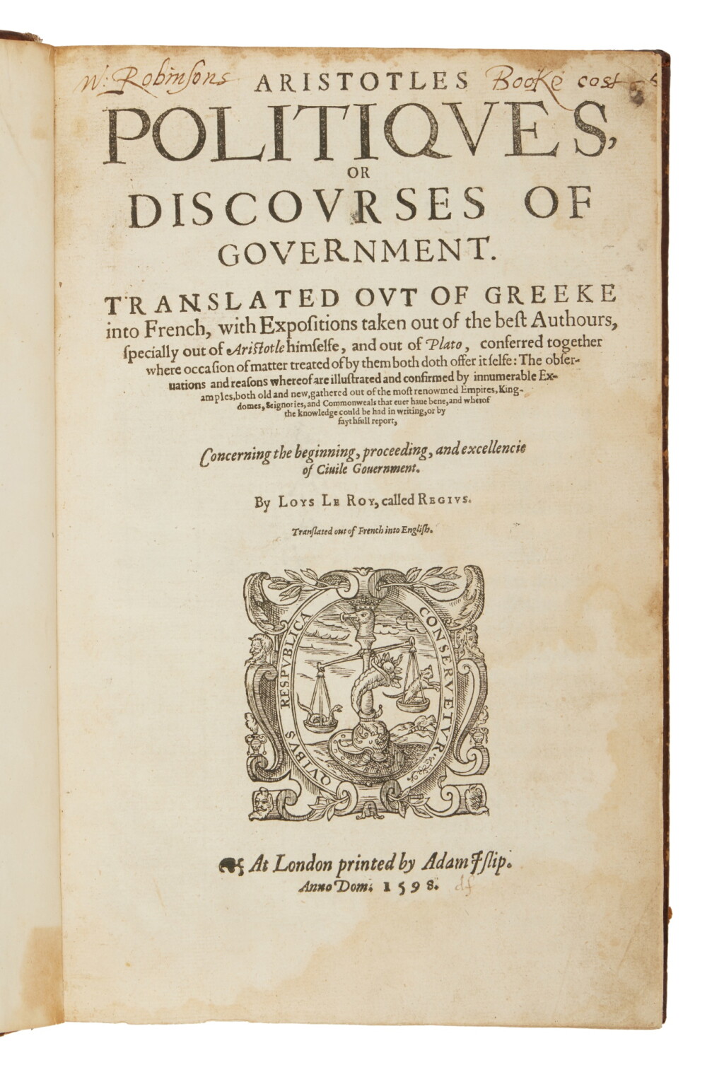 View full screen - View 1 of Lot 2. Aristotle | First edition in English of Aristotle’s Politics.