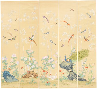 View full screen - View 1 of Lot 35. A SUITE OF FIVE CHINESE EXPORT HAND-PAINTED WALLPAPER PANELS, SECOND QUARTER 20TH CENTURY.