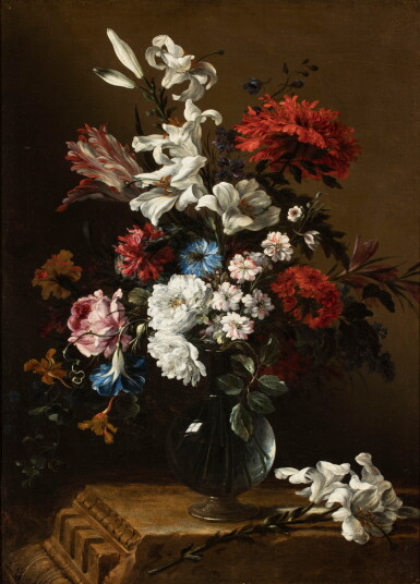 View full screen - View 1 of Lot 120. Flower Still life in a Glass Jar | Nature morte aux fleurs dans un vase en verre.