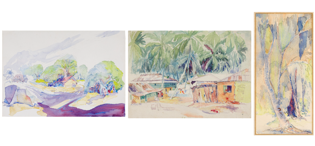 View full screen - View 1 of Lot 46. Village and Nature Scenes, a set of three watercolours .