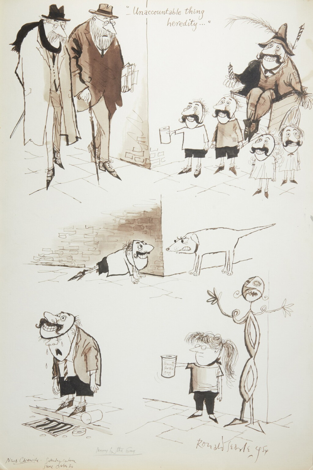 Voir en plein écran - Voir 1 du lot 155. Ronald Searle | "-Unaccountable thing heredity-", 1954, pen ink and monochrome watercolour, framed and glazed.