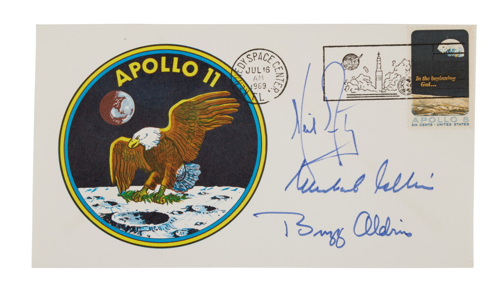 View full screen - View 1 of Lot 45. Buzz Aldrin's Apollo 11 Crew-Signed Mission Emblem Insurance Cover.