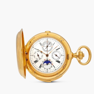 View full screen - View 1 of Lot 2432. A pink gold minute repeating perpetual calendar chronograph hunting case keyless lever watch with moon phases, leap year indication and enamel dial, Circa 1896.