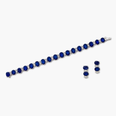 View full screen - View 1 of Lot 1364. Sapphire and Diamond Demi-Parure | 藍寶石 配 鑽石手鏈 及 耳墜套裝.