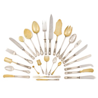 View full screen - View 1 of Lot 499. A Fabergé canteen of parcel-gilt cutlery, Moscow, circa 1900.