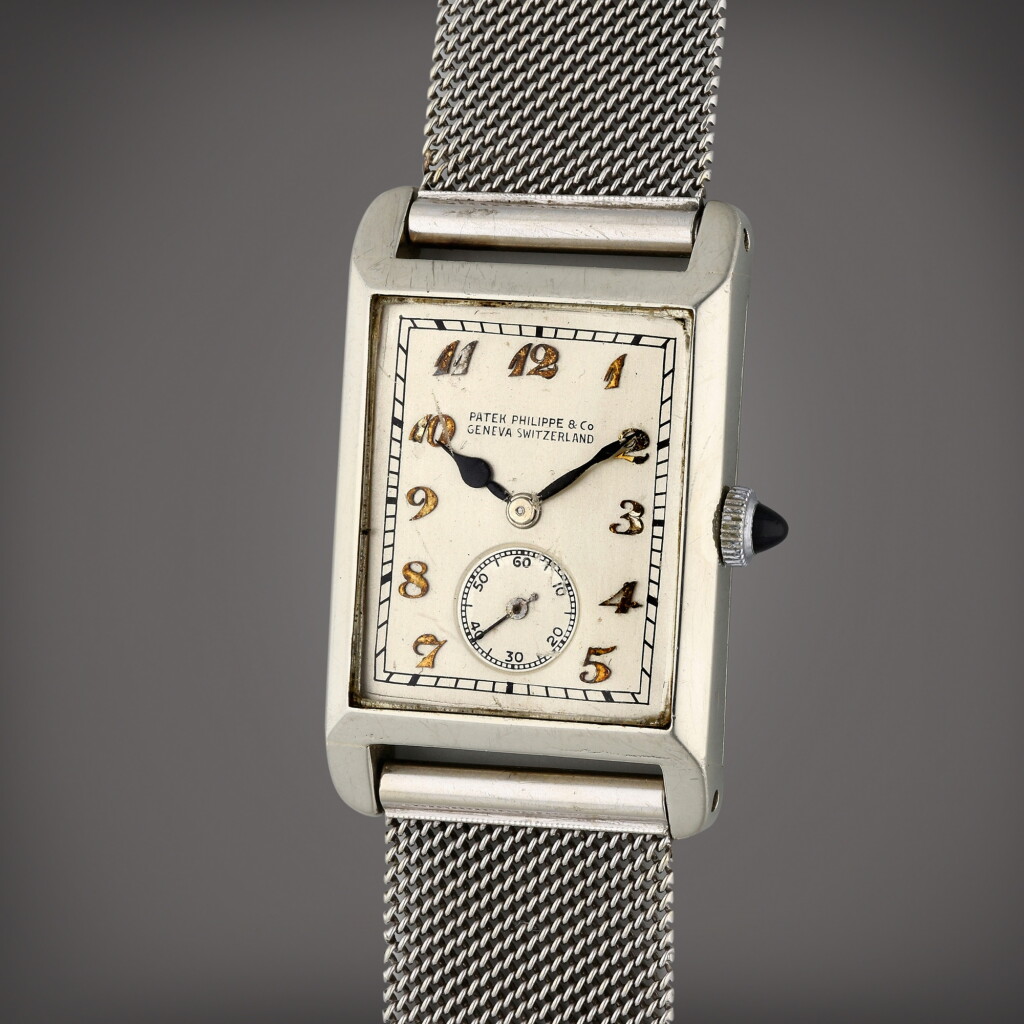View full screen - View 1 of Lot 306. A white gold rectangular wristwatch, Circa 1945.